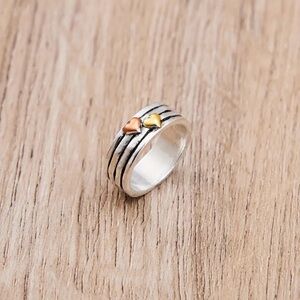 Silver Ring with Rose Gold and Yellow Gold Hearts